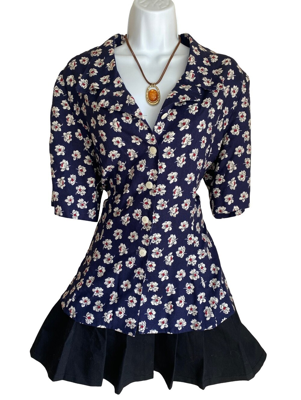 Vintage Norton McNaughton M Navy Floral Peplum Button Up Blouse Cottagecore Boh